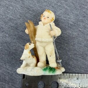 Mistletoes Figurine Boy Dog Skis Winter Christmas Ornament 1997 Roman Inc